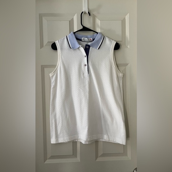 Hayley Tops - Women’s Vintage Hayley knit White Collared button tank top w/blue trim size L